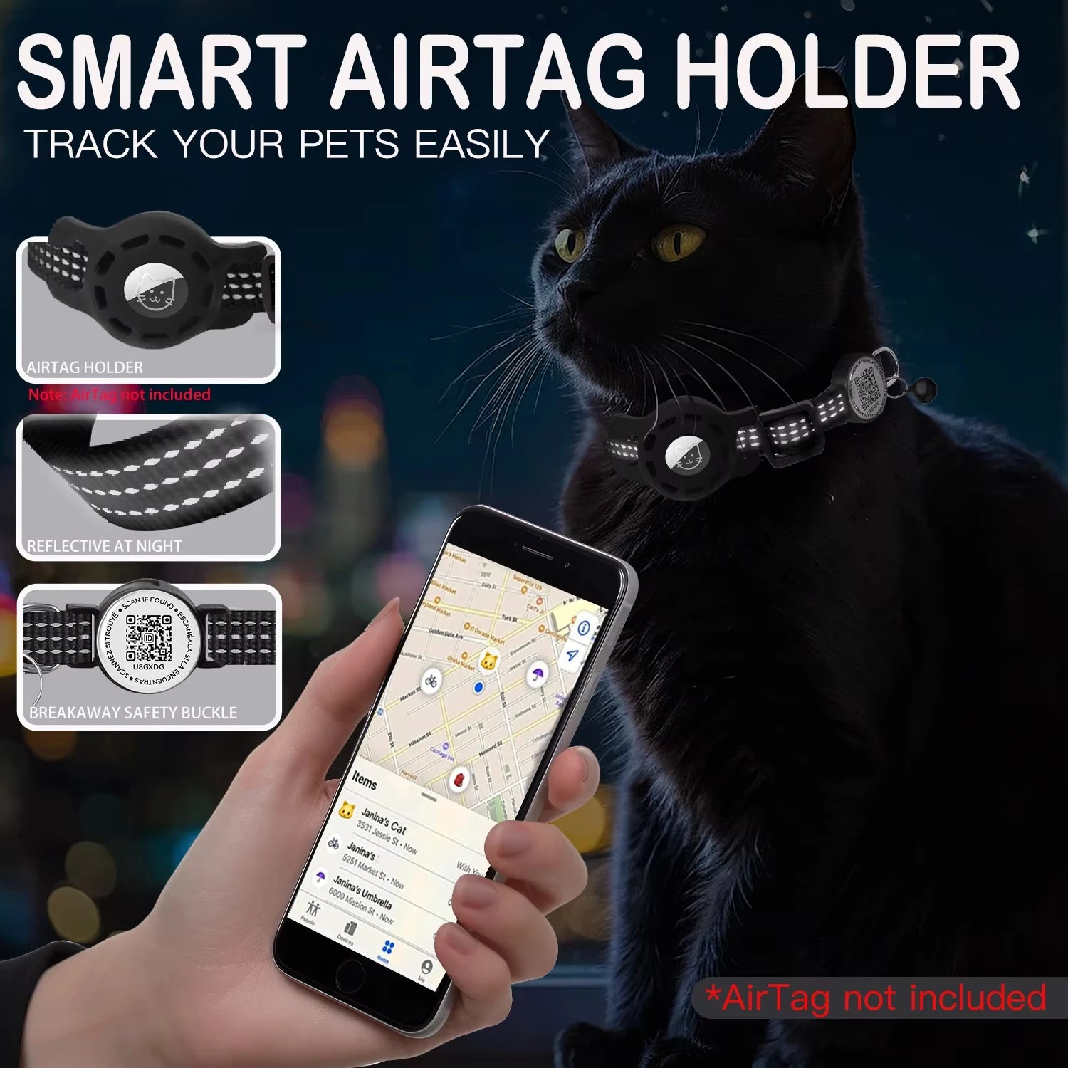 Cat GPS Collar with QR Code Tag & Airtag Case  Reflective Apple Tag