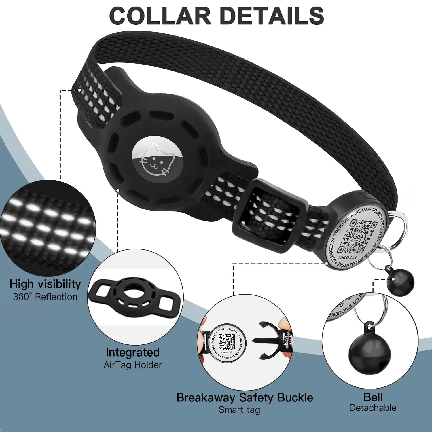 Cat GPS Collar with QR Code Tag & Airtag Case  Reflective Apple Tag