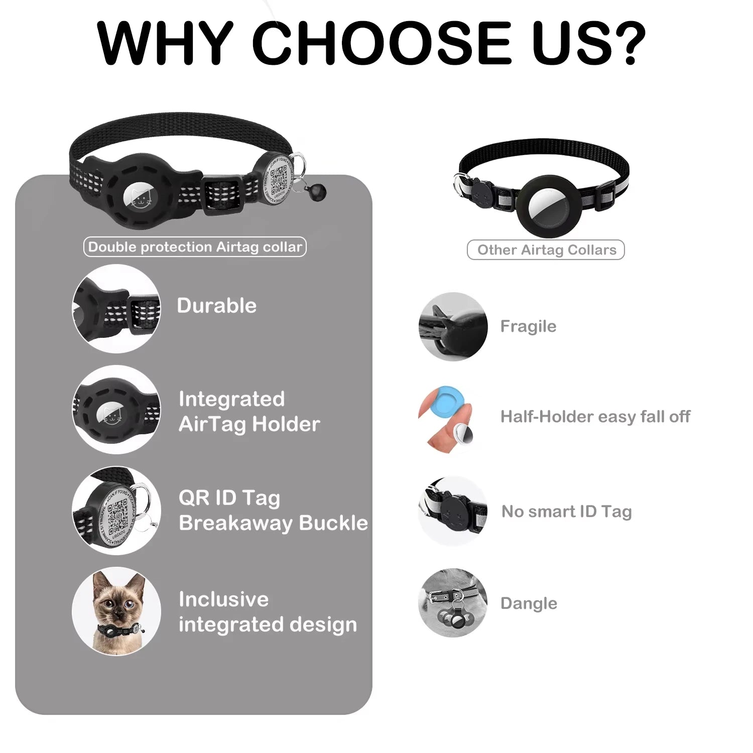 Cat GPS Collar with QR Code Tag & Airtag Case  Reflective Apple Tag