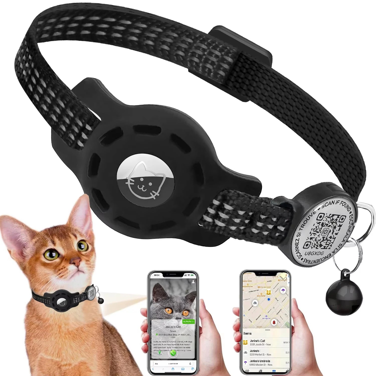 Cat GPS Collar with QR Code Tag & Airtag Case  Reflective Apple Tag